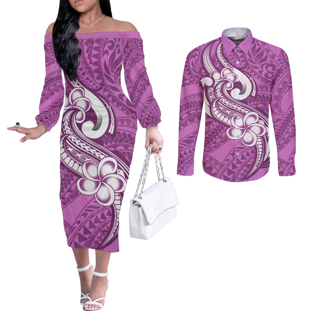 Polynesia Couples Matching Off The Shoulder Long Sleeve Dress and Long Sleeve Button Shirts Plumeria With Tribal Pattern Pink Pastel Vibes LT14 Pink - Polynesian Pride