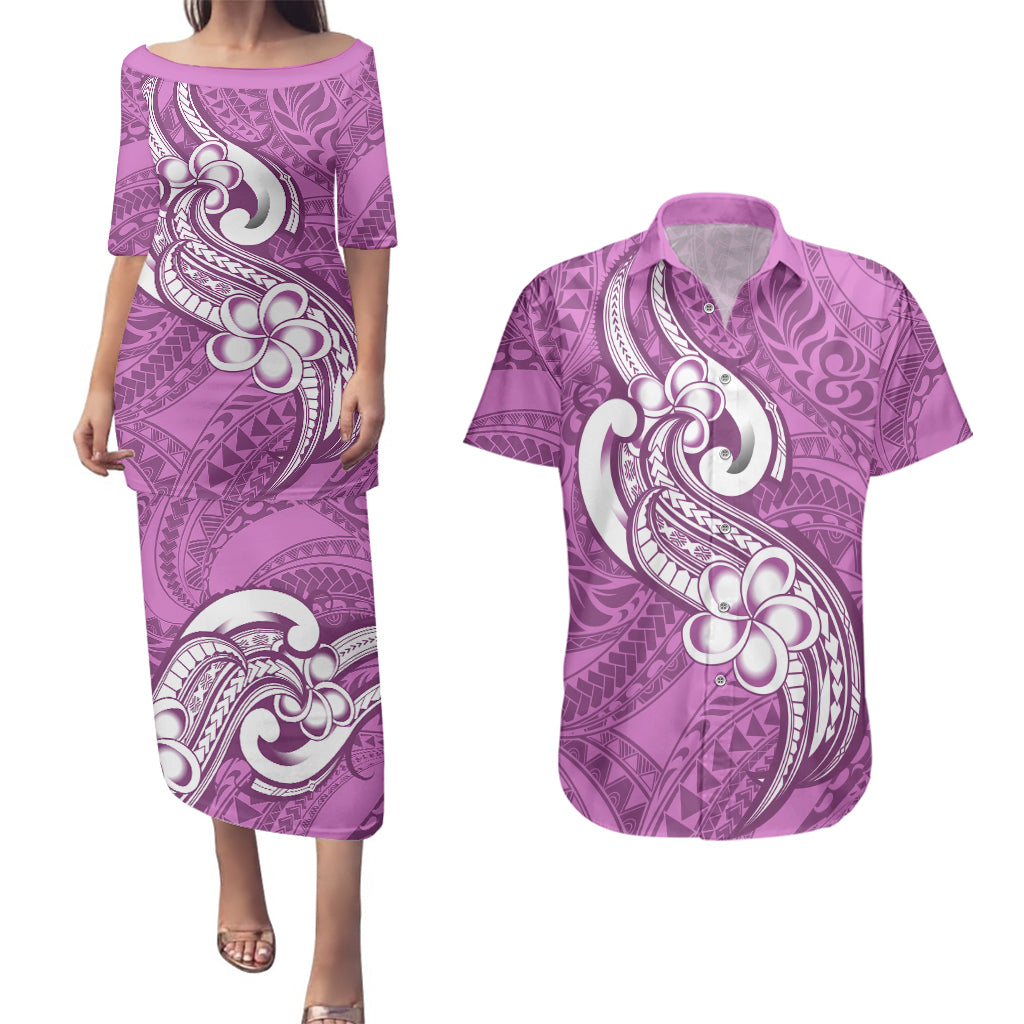 Polynesia Couples Matching Puletasi Dress and Hawaiian Shirt Plumeria With Tribal Pattern Pink Pastel Vibes LT14 Pink - Polynesian Pride
