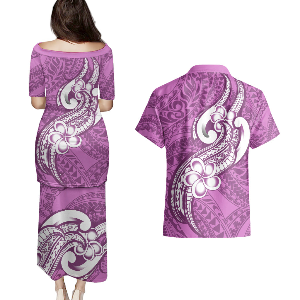Polynesia Couples Matching Puletasi Dress and Hawaiian Shirt Plumeria With Tribal Pattern Pink Pastel Vibes LT14 - Polynesian Pride