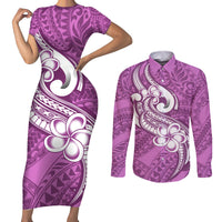 Polynesia Couples Matching Short Sleeve Bodycon Dress and Long Sleeve Button Shirts Plumeria With Tribal Pattern Pink Pastel Vibes LT14 Pink - Polynesian Pride