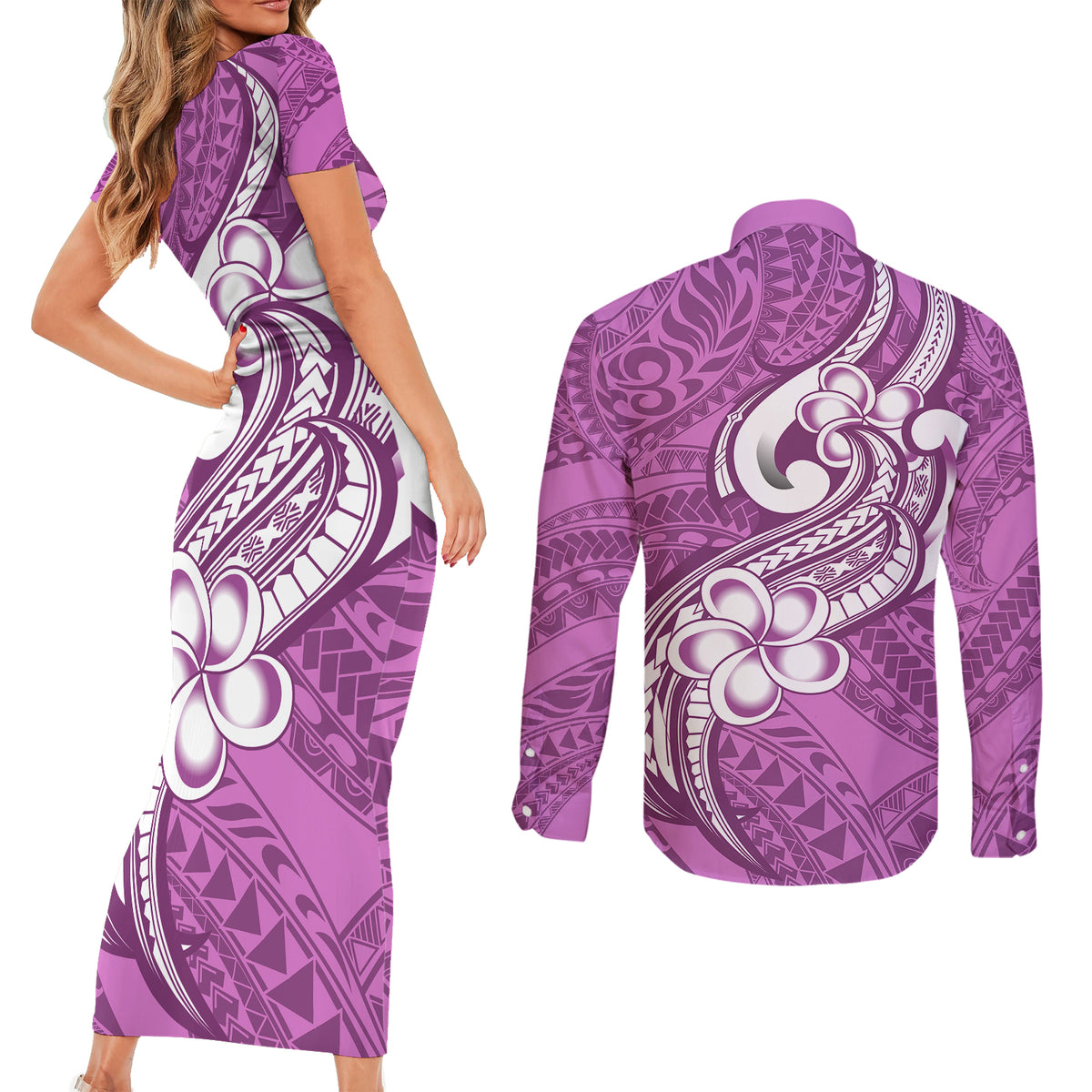 Polynesia Couples Matching Short Sleeve Bodycon Dress and Long Sleeve Button Shirts Plumeria With Tribal Pattern Pink Pastel Vibes LT14 - Polynesian Pride