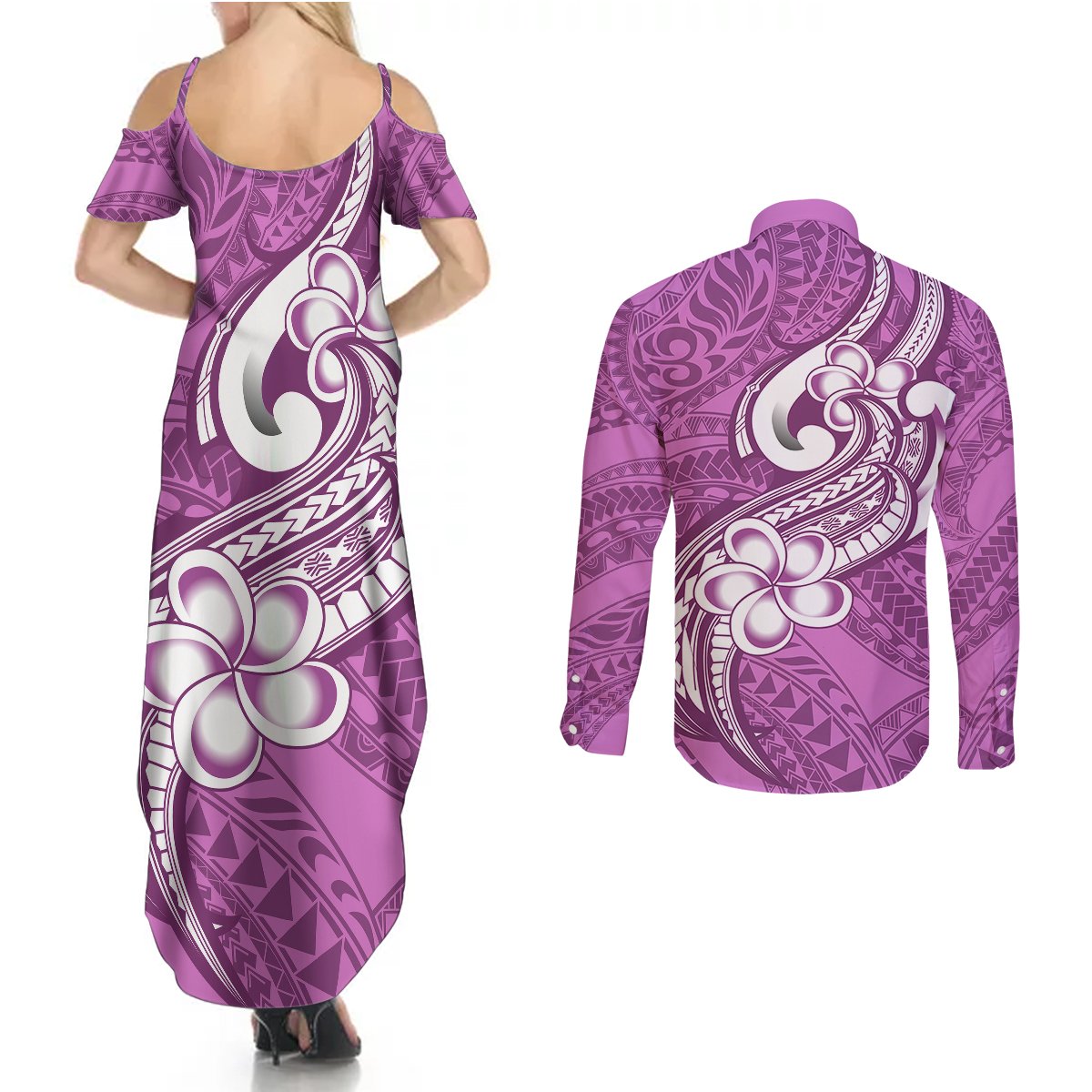 Polynesia Couples Matching Summer Maxi Dress and Long Sleeve Button Shirts Plumeria With Tribal Pattern Pink Pastel Vibes LT14 - Polynesian Pride