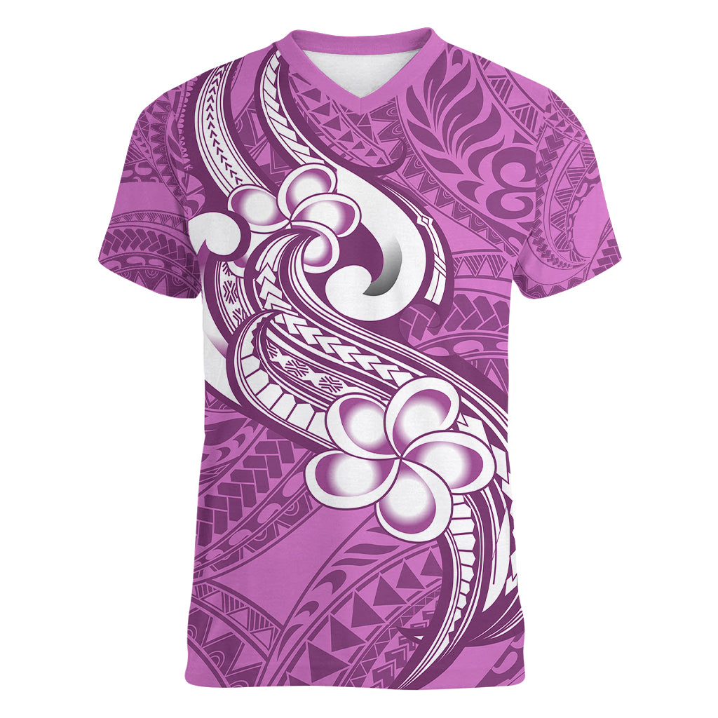 Polynesia Women V Neck T Shirt Plumeria With Tribal Pattern Pink Pastel Vibes LT14 Female Pink - Polynesian Pride