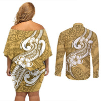 Polynesia Couples Matching Off Shoulder Short Dress and Long Sleeve Button Shirts Plumeria With Tribal Pattern Yellow Pastel Vibes LT14 - Polynesian Pride
