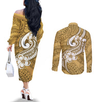 Polynesia Couples Matching Off The Shoulder Long Sleeve Dress and Long Sleeve Button Shirts Plumeria With Tribal Pattern Yellow Pastel Vibes LT14 - Polynesian Pride