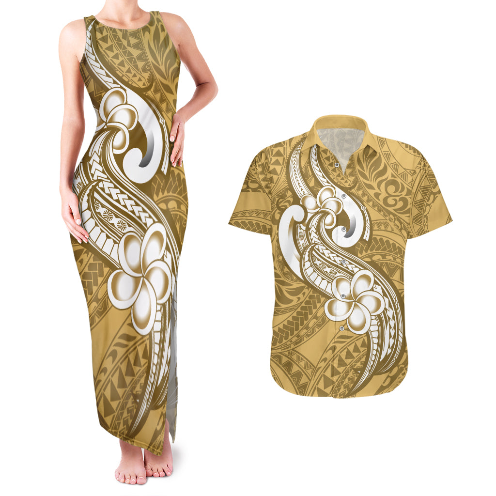 Polynesia Couples Matching Tank Maxi Dress and Hawaiian Shirt Plumeria With Tribal Pattern Yellow Pastel Vibes LT14 Yellow - Polynesian Pride