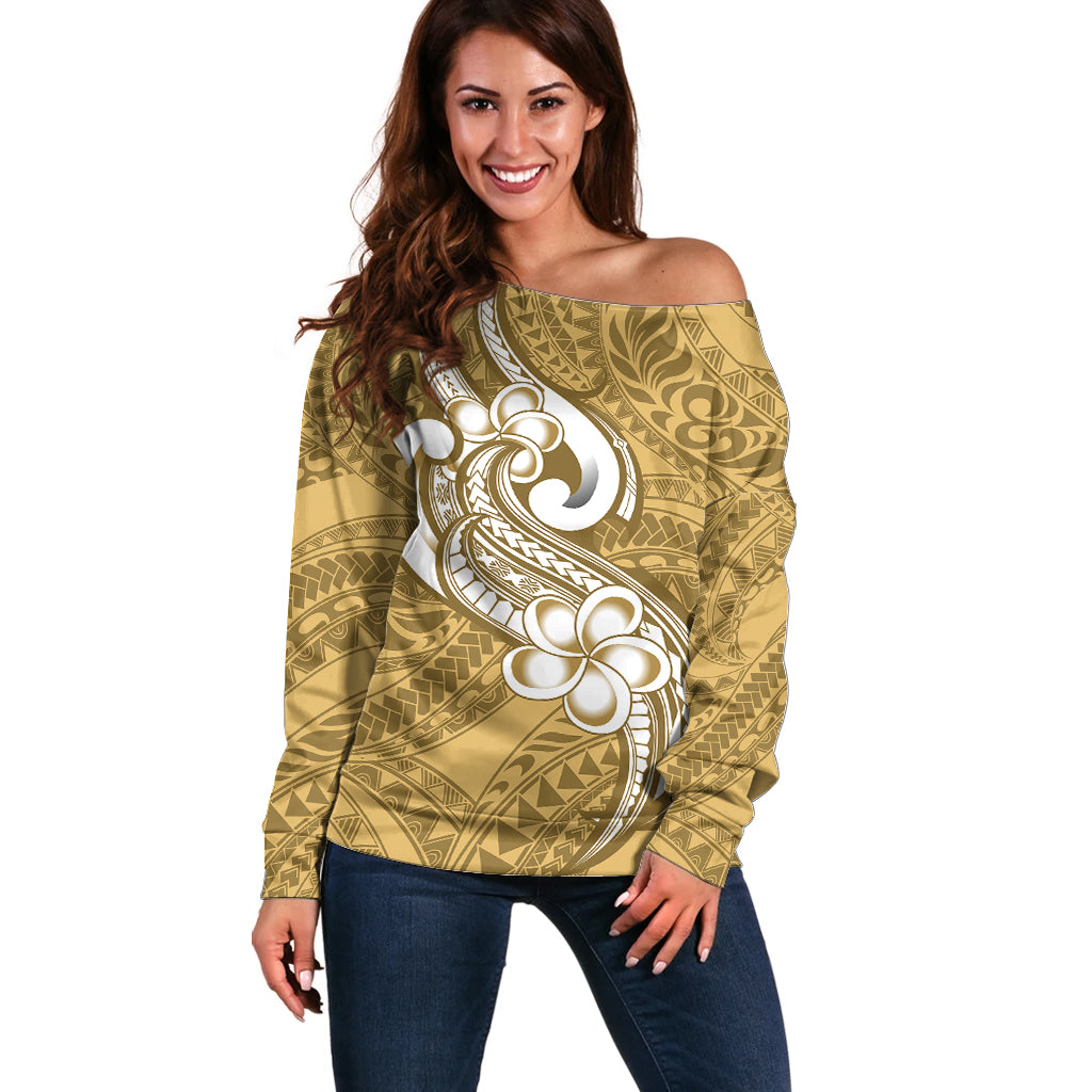 Polynesia Off Shoulder Sweater Plumeria With Tribal Pattern Yellow Pastel Vibes LT14 Women Yellow - Polynesian Pride
