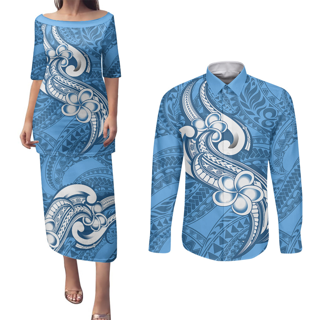 Polynesia Couples Matching Puletasi Dress and Long Sleeve Button Shirts Plumeria With Tribal Pattern Blue Pastel Vibes LT14 Blue - Polynesian Pride