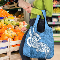 Polynesia Grocery Bag Plumeria With Tribal Pattern Blue Pastel