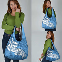 Polynesia Grocery Bag Plumeria With Tribal Pattern Blue Pastel