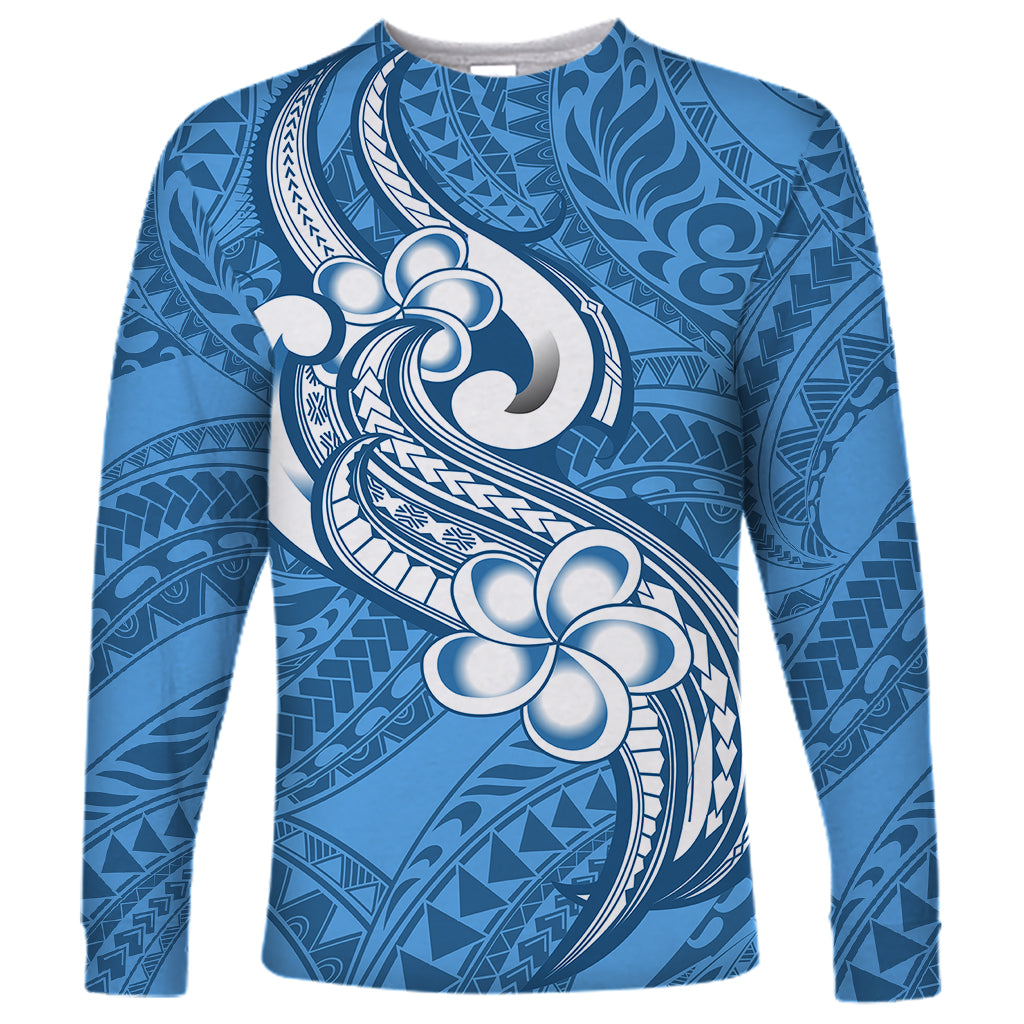 Polynesia Long Sleeve Shirt Plumeria With Tribal Pattern Blue Pastel Vibes LT14 Unisex Blue - Polynesian Pride