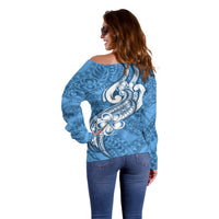 Polynesia Off Shoulder Sweater Plumeria With Tribal Pattern Blue Pastel Vibes LT14 - Polynesian Pride