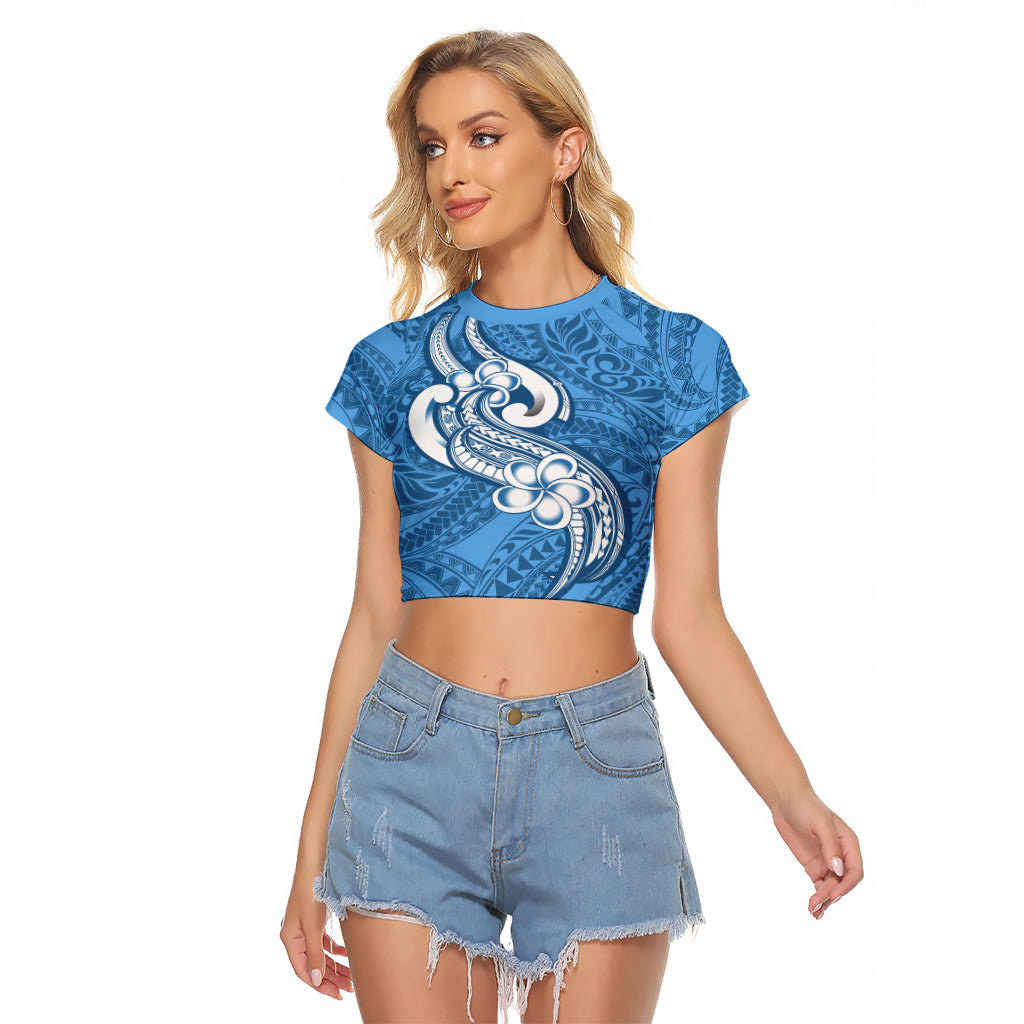 Polynesia Raglan Cropped T Shirt Plumeria With Tribal Pattern Blue Pastel Vibes LT14 Female Blue - Polynesian Pride