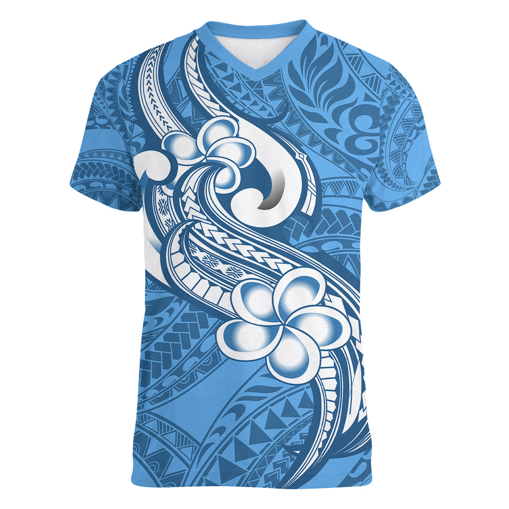 Polynesia Women V Neck T Shirt Plumeria With Tribal Pattern Blue Pastel Vibes LT14 Female Blue - Polynesian Pride
