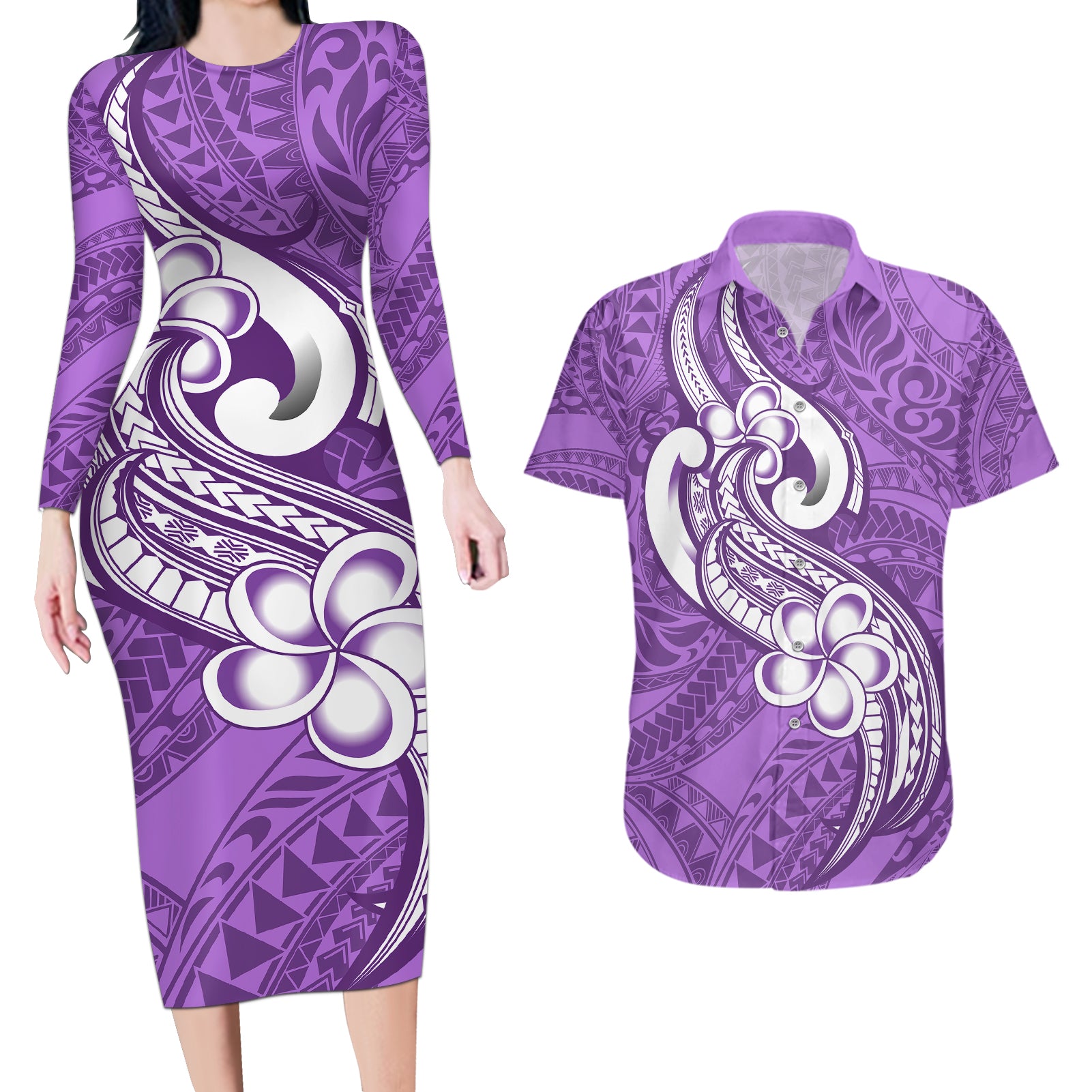 Polynesia Couples Matching Long Sleeve Bodycon Dress and Hawaiian Shirt Plumeria With Tribal Pattern Purple Pastel Vibes LT14 Purple - Polynesian Pride