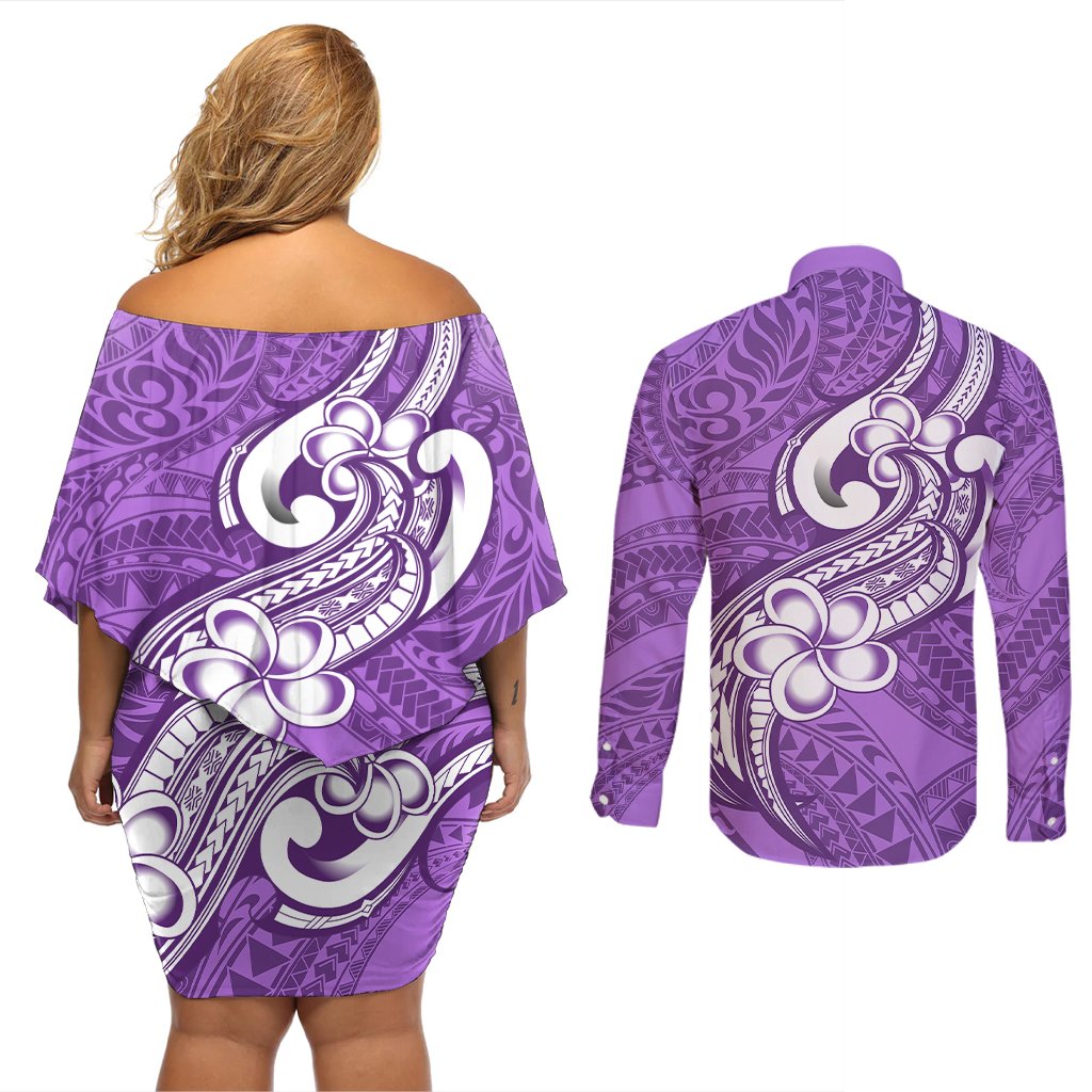 Polynesia Couples Matching Off Shoulder Short Dress and Long Sleeve Button Shirts Plumeria With Tribal Pattern Purple Pastel Vibes LT14 - Polynesian Pride