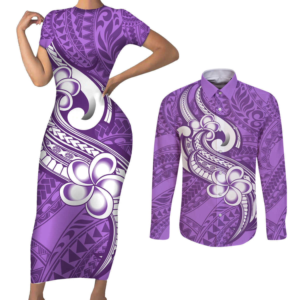 Polynesia Couples Matching Short Sleeve Bodycon Dress and Long Sleeve Button Shirts Plumeria With Tribal Pattern Purple Pastel Vibes LT14 Purple - Polynesian Pride