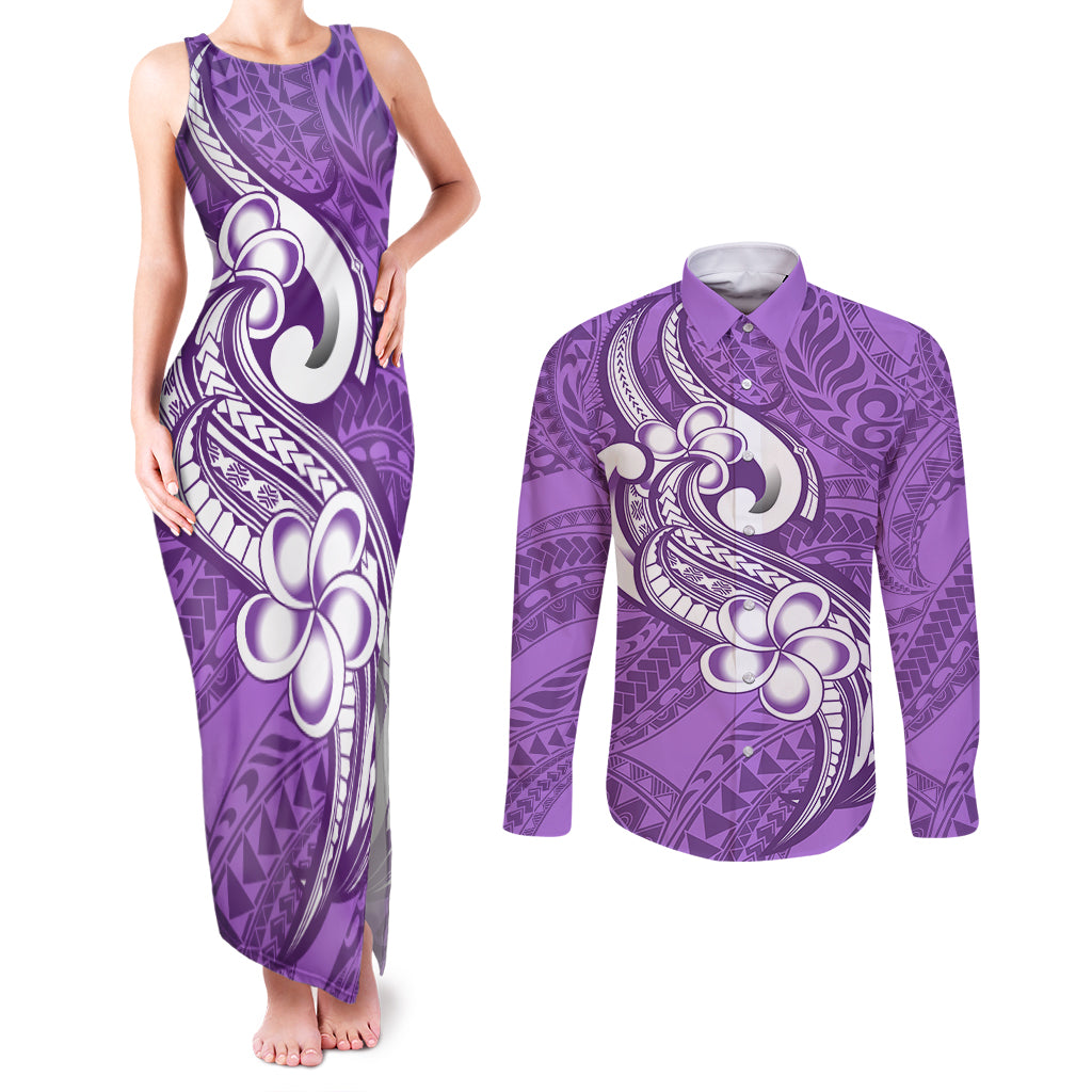 Polynesia Couples Matching Tank Maxi Dress and Long Sleeve Button Shirts Plumeria With Tribal Pattern Purple Pastel Vibes LT14 Purple - Polynesian Pride