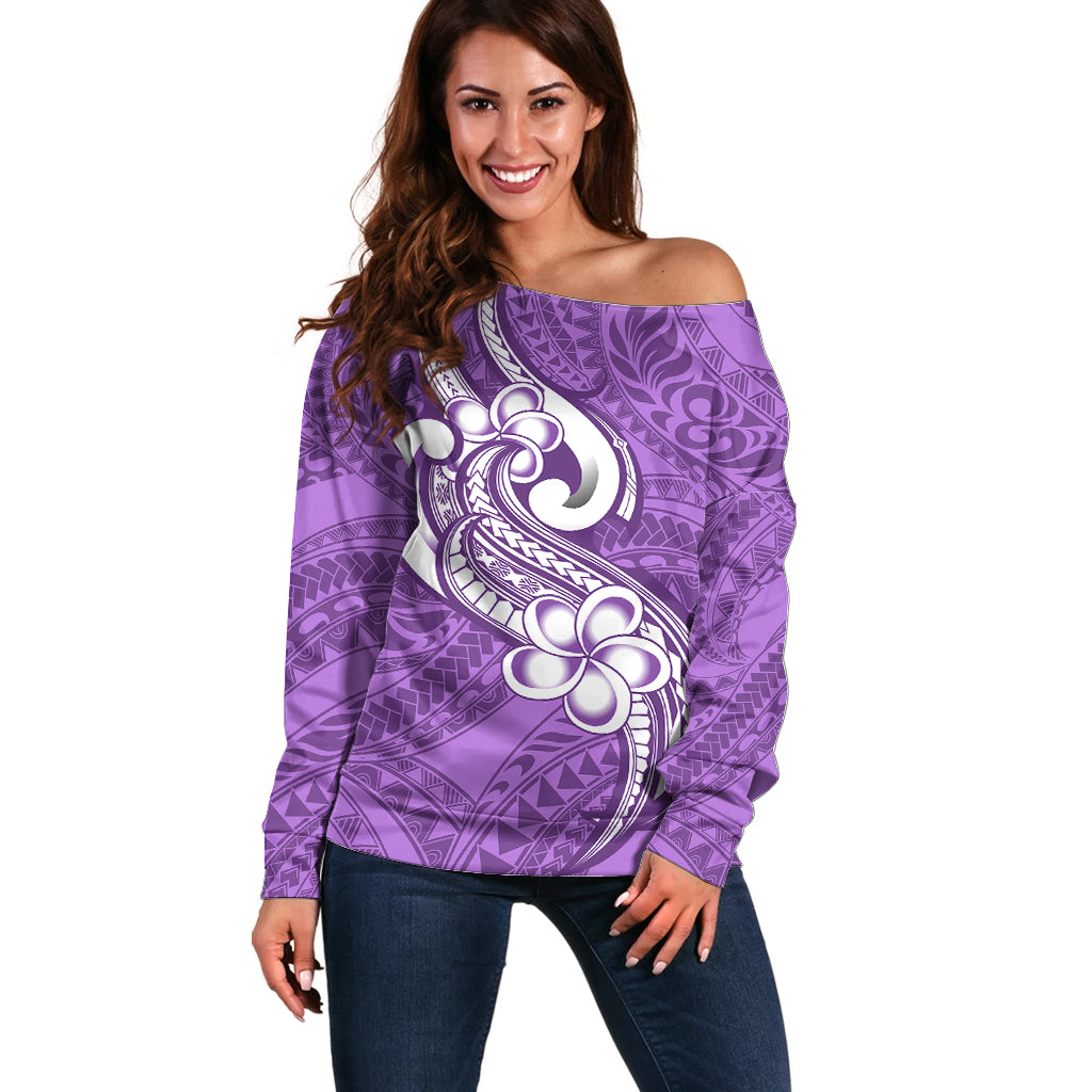 Polynesia Off Shoulder Sweater Plumeria With Tribal Pattern Purple Pastel Vibes LT14 Women Purple - Polynesian Pride