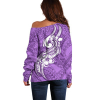 Polynesia Off Shoulder Sweater Plumeria With Tribal Pattern Purple Pastel Vibes LT14 - Polynesian Pride