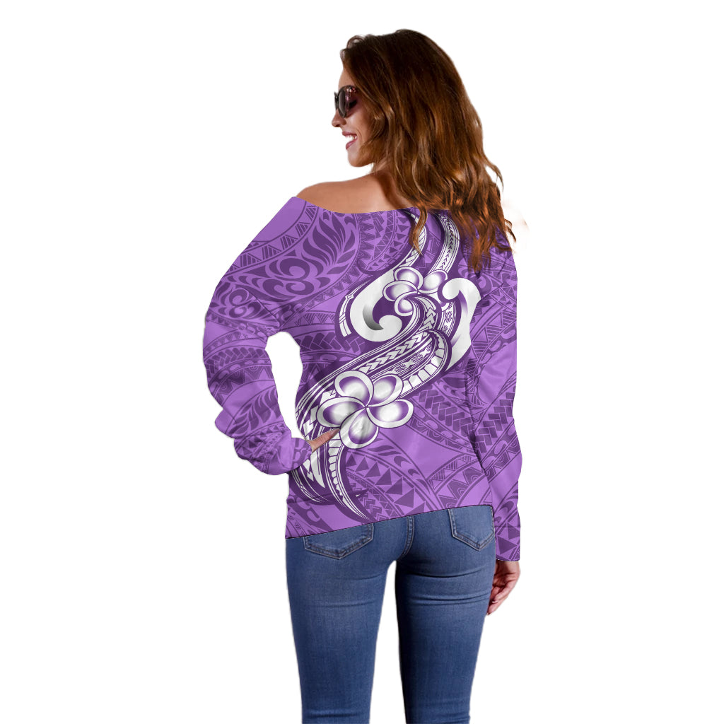 Polynesia Off Shoulder Sweater Plumeria With Tribal Pattern Purple Pastel Vibes LT14 - Polynesian Pride