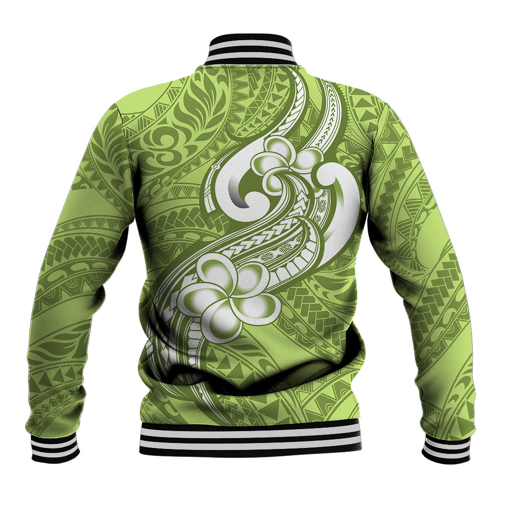 Polynesia Baseball Jacket Plumeria With Tribal Pattern Green Pastel Vibes LT14 - Polynesian Pride