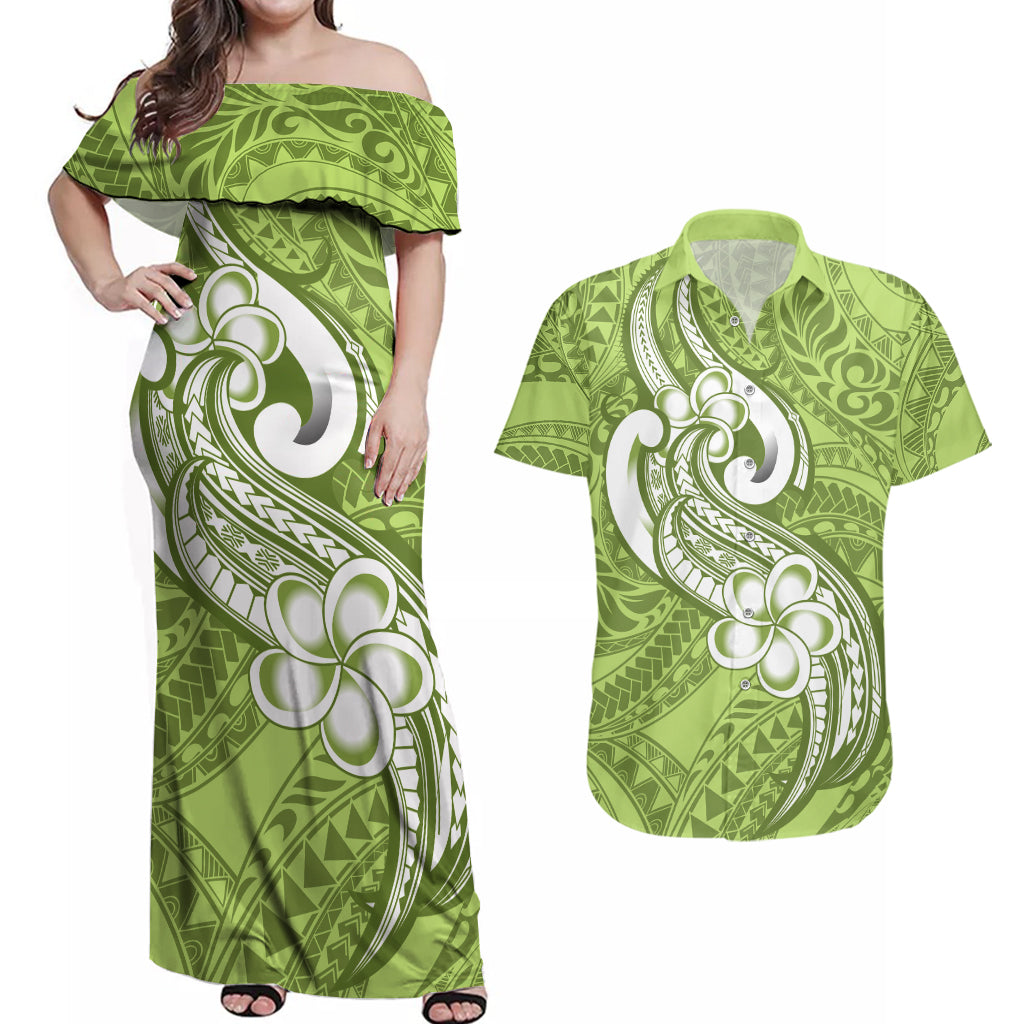 Polynesia Couples Matching Off Shoulder Maxi Dress and Hawaiian Shirt Plumeria With Tribal Pattern Green Pastel Vibes LT14 Green - Polynesian Pride