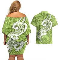 Polynesia Couples Matching Off Shoulder Short Dress and Hawaiian Shirt Plumeria With Tribal Pattern Green Pastel Vibes LT14 - Polynesian Pride