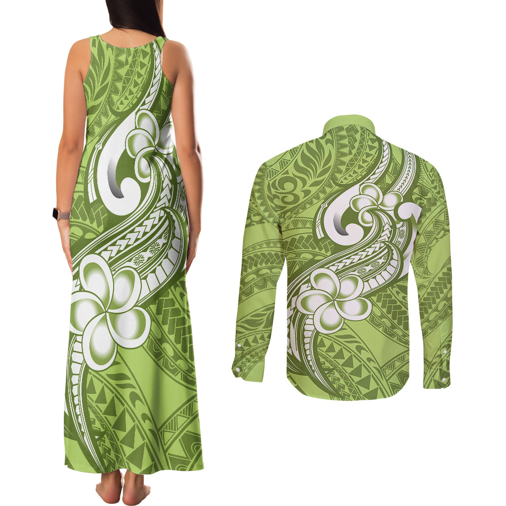 Polynesia Couples Matching Tank Maxi Dress and Long Sleeve Button Shirts Plumeria With Tribal Pattern Green Pastel Vibes LT14 - Polynesian Pride