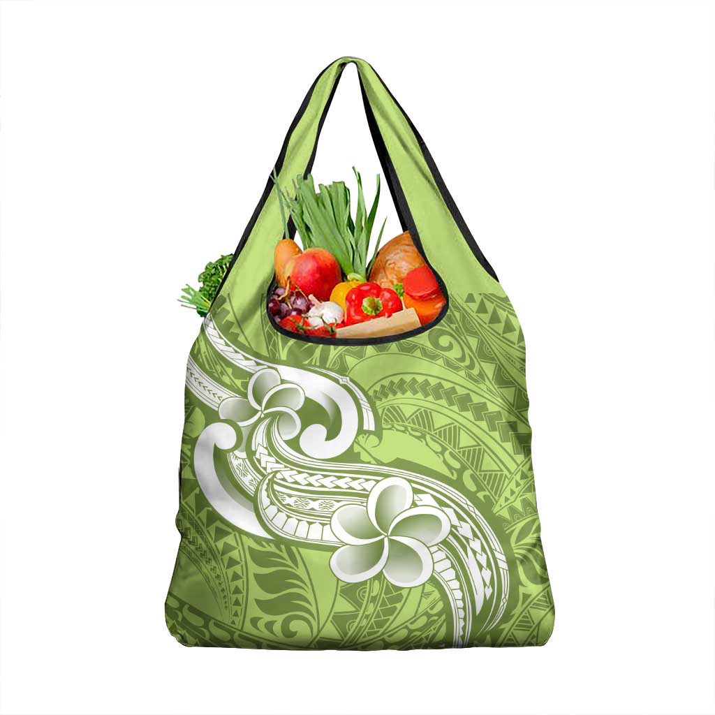 Polynesia Grocery Bag Plumeria With Tribal Pattern Green Pastel