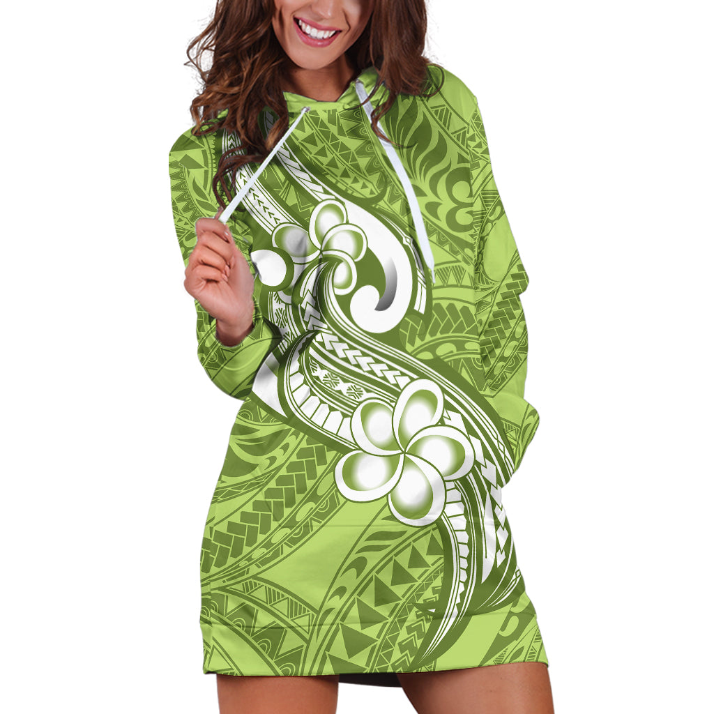 Polynesia Hoodie Dress Plumeria With Tribal Pattern Green Pastel Vibes LT14 Green - Polynesian Pride