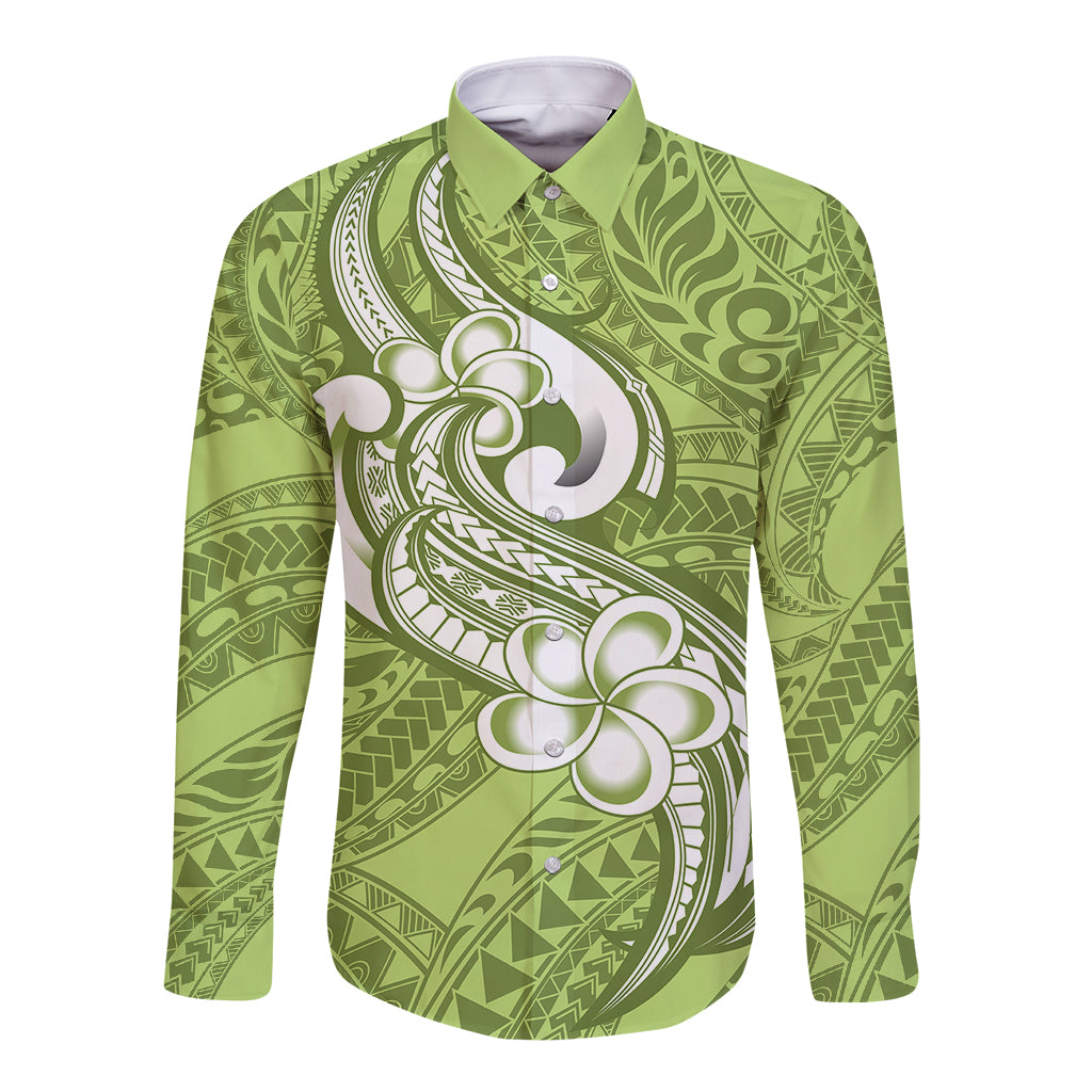 Polynesia Long Sleeve Button Shirt Plumeria With Tribal Pattern Green Pastel Vibes LT14 Unisex Green - Polynesian Pride