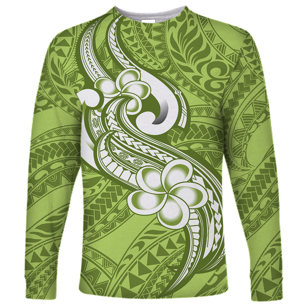 Polynesia Long Sleeve Shirt Plumeria With Tribal Pattern Green Pastel Vibes LT14 Unisex Green - Polynesian Pride