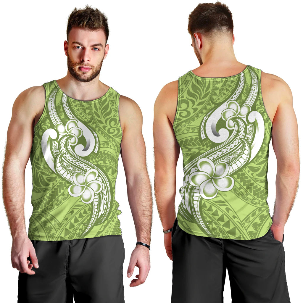 Polynesia Men Tank Top Plumeria With Tribal Pattern Green Pastel Vibes LT14 - Polynesian Pride