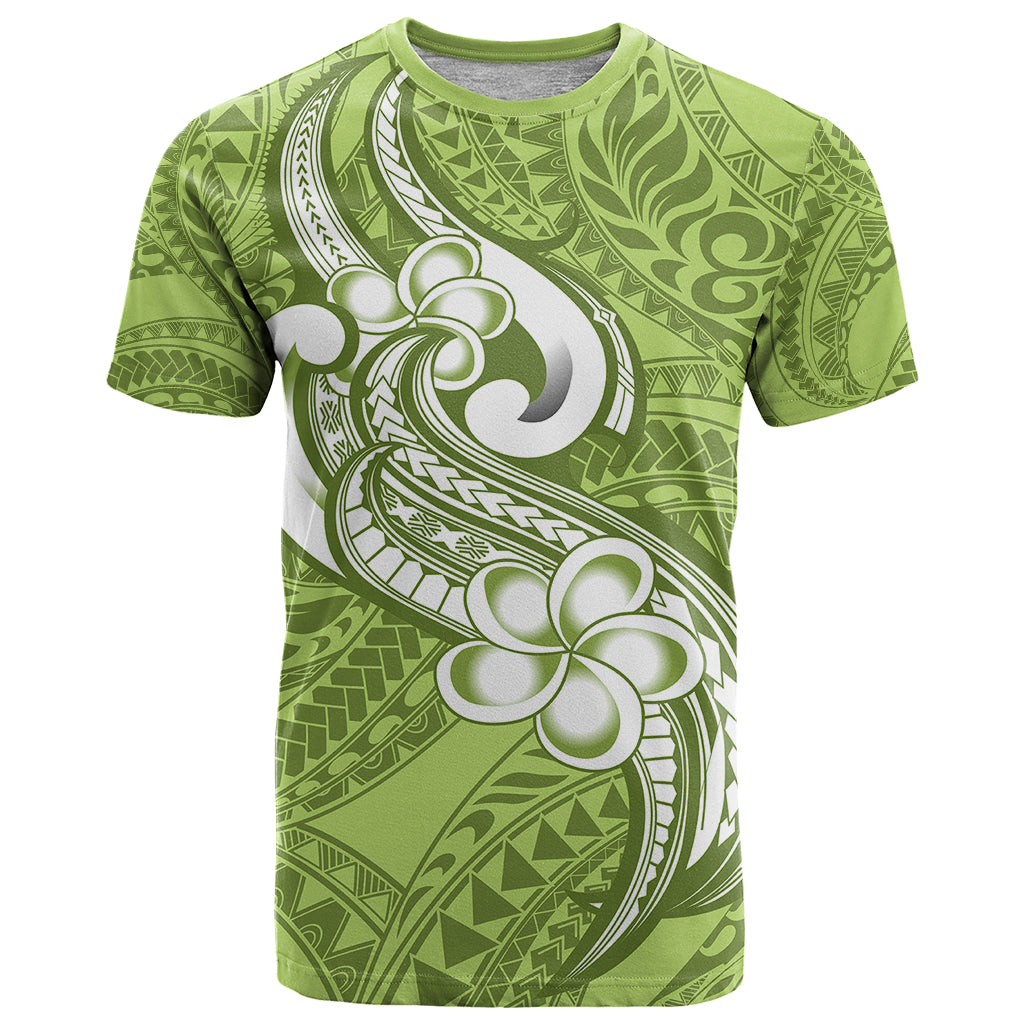 Polynesia T Shirt Plumeria With Tribal Pattern Green Pastel Vibes LT14 Green - Polynesian Pride