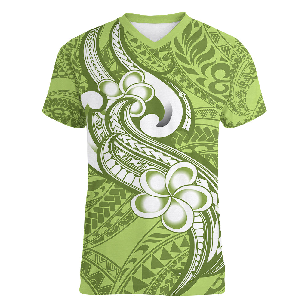 Polynesia Women V Neck T Shirt Plumeria With Tribal Pattern Green Pastel Vibes LT14 Female Green - Polynesian Pride