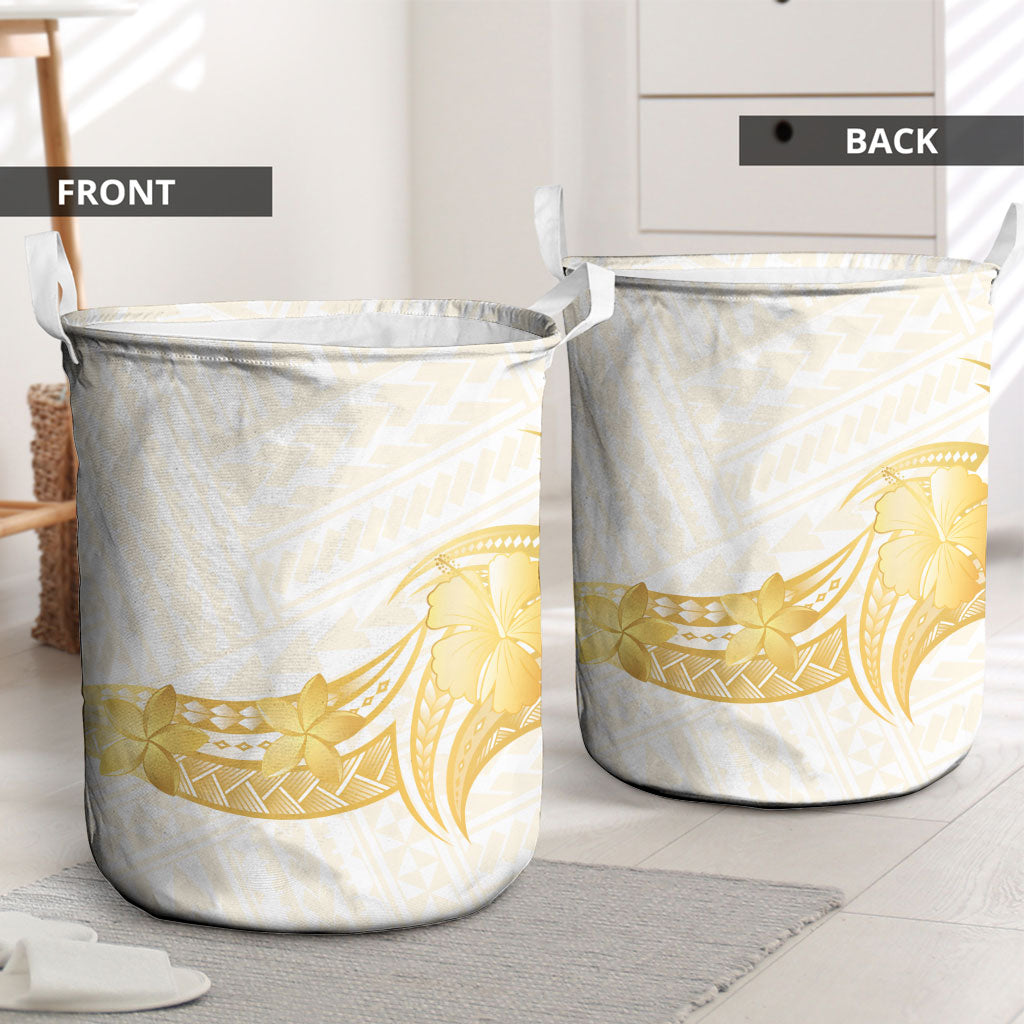 Polynesia White Sunday Laundry Basket Polynesian Tattoo Plumeria Hibiscus Gold