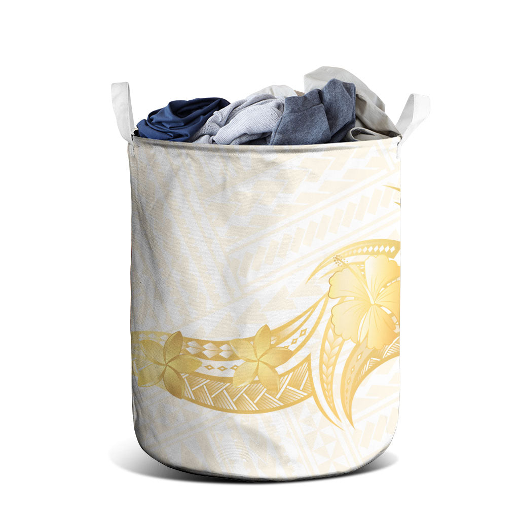 Polynesia White Sunday Laundry Basket Polynesian Tattoo Plumeria Hibiscus Gold