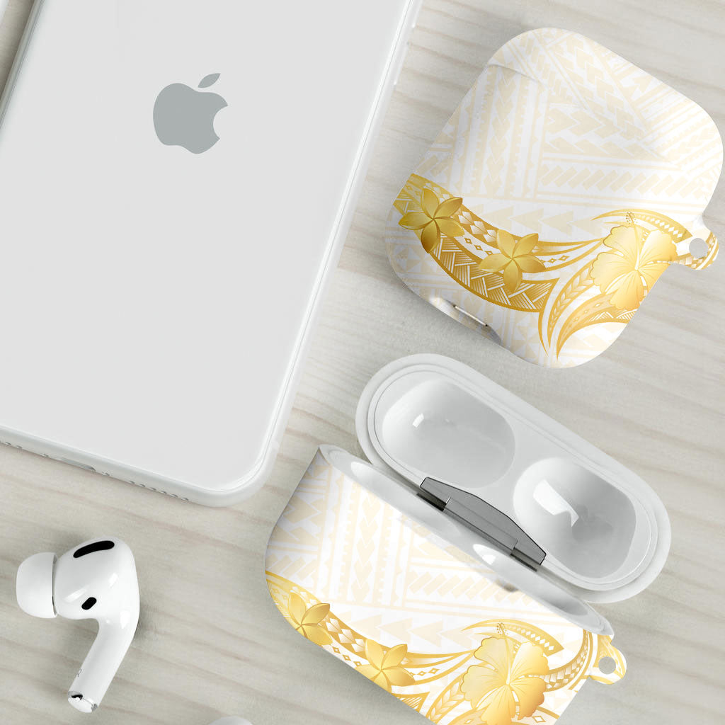 Polynesia White Sunday AirPods Case Polynesian Tattoo Plumeria Hibiscus Gold