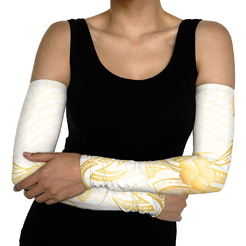 Polynesia White Sunday Arm Sleeves Polynesian Tattoo Plumeria Hibiscus Gold