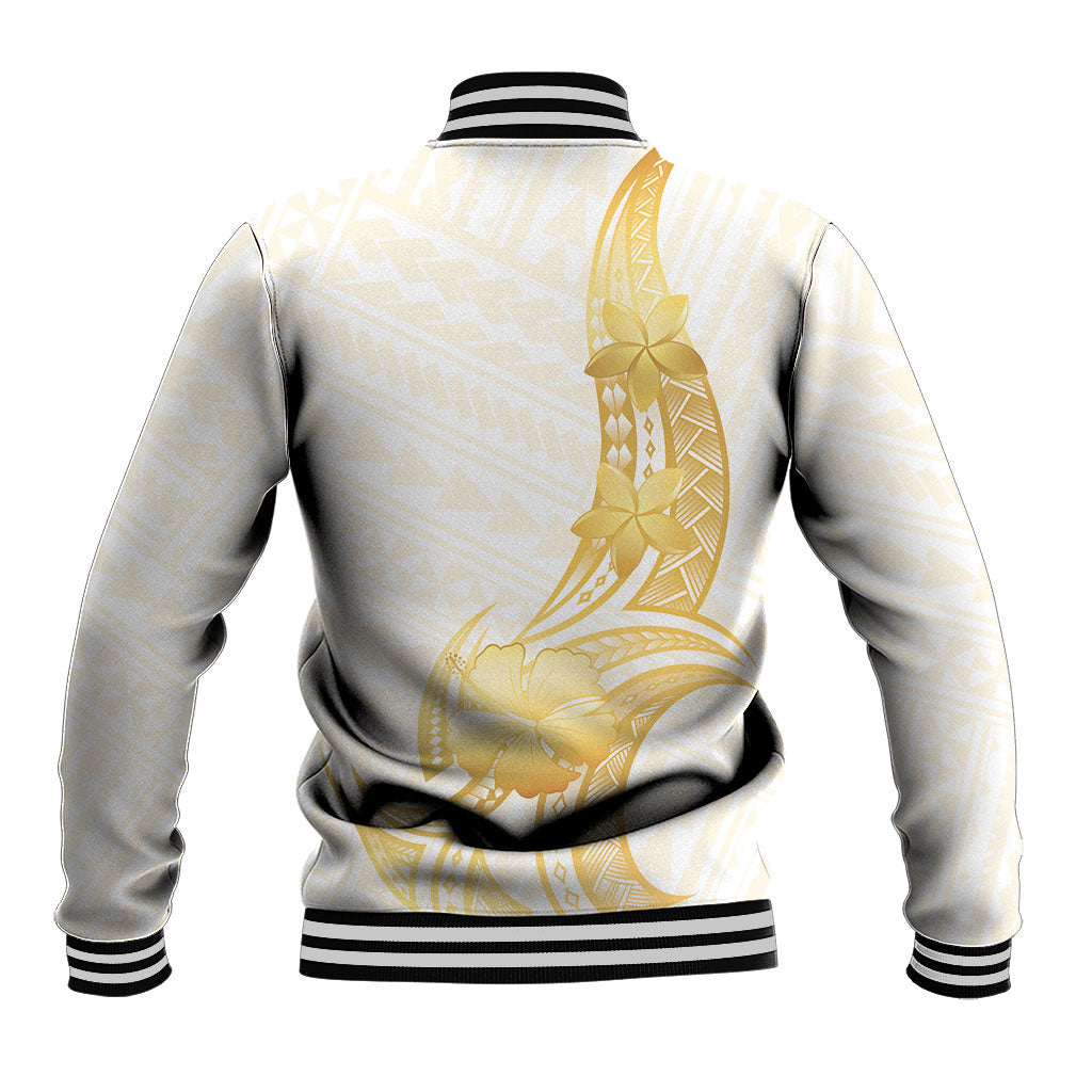 Polynesia White Sunday Baseball Jacket Polynesian Tattoo Plumeria Hibiscus Gold