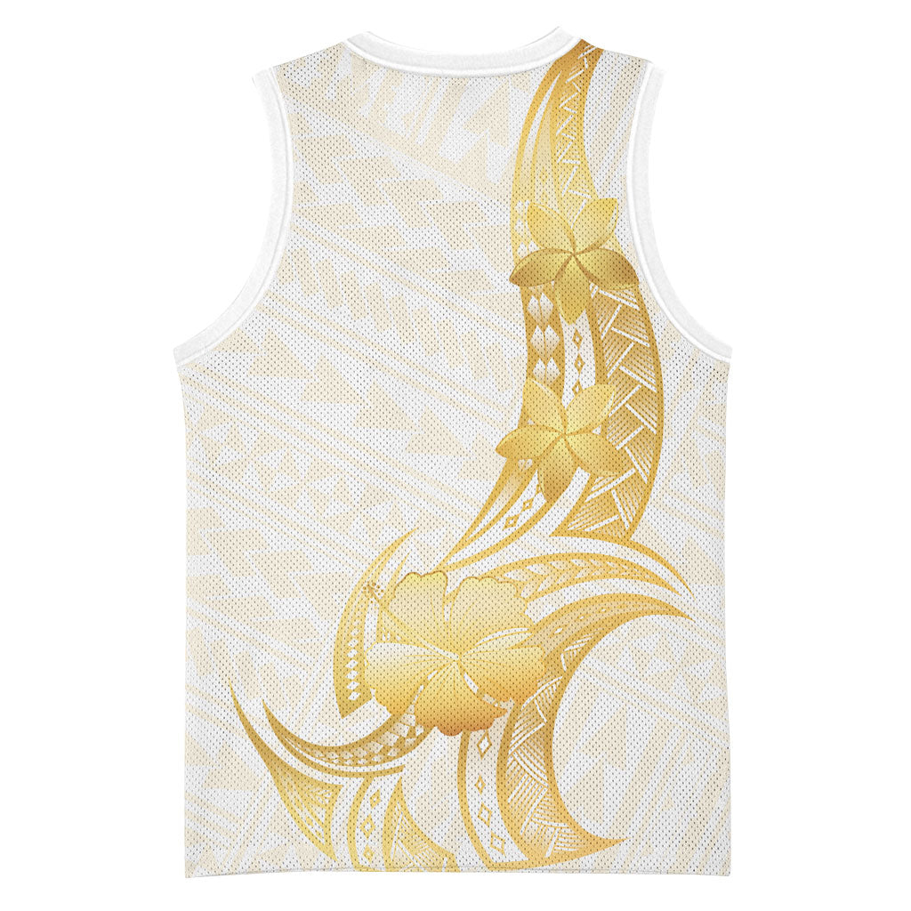 Polynesia White Sunday Basketball Jersey Polynesian Tattoo Plumeria Hibiscus Gold