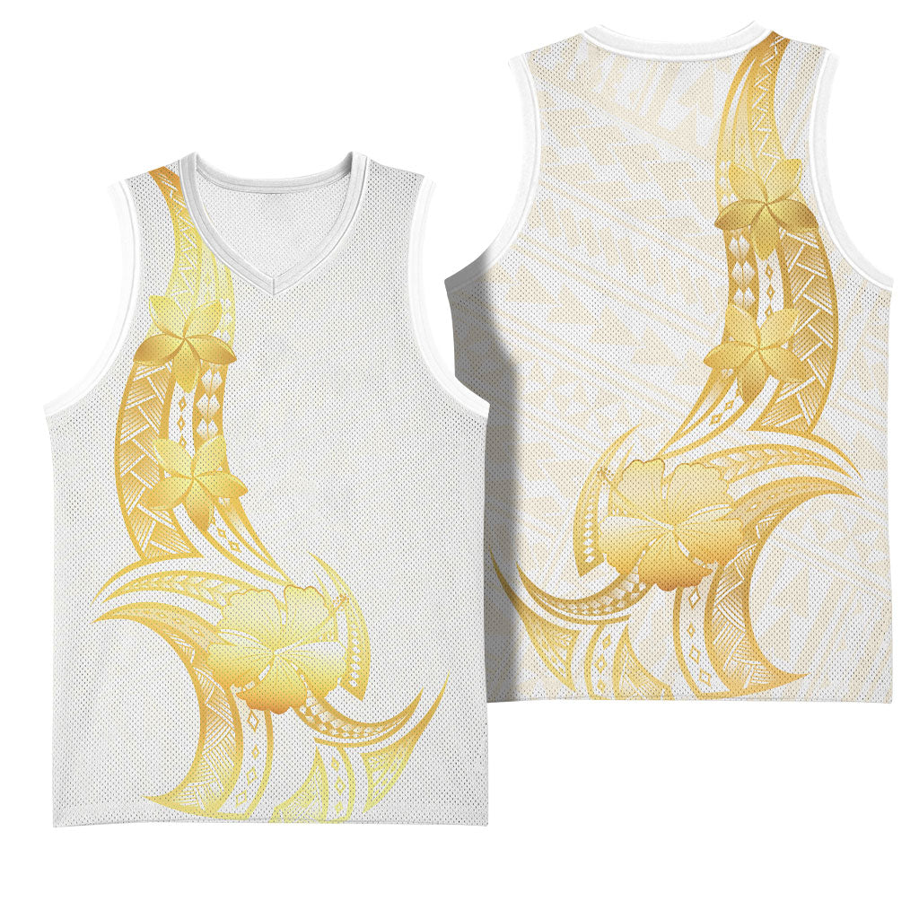 Polynesia White Sunday Basketball Jersey Polynesian Tattoo Plumeria Hibiscus Gold