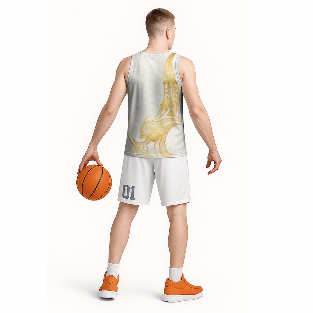 Polynesia White Sunday Basketball Jersey Polynesian Tattoo Plumeria Hibiscus Gold