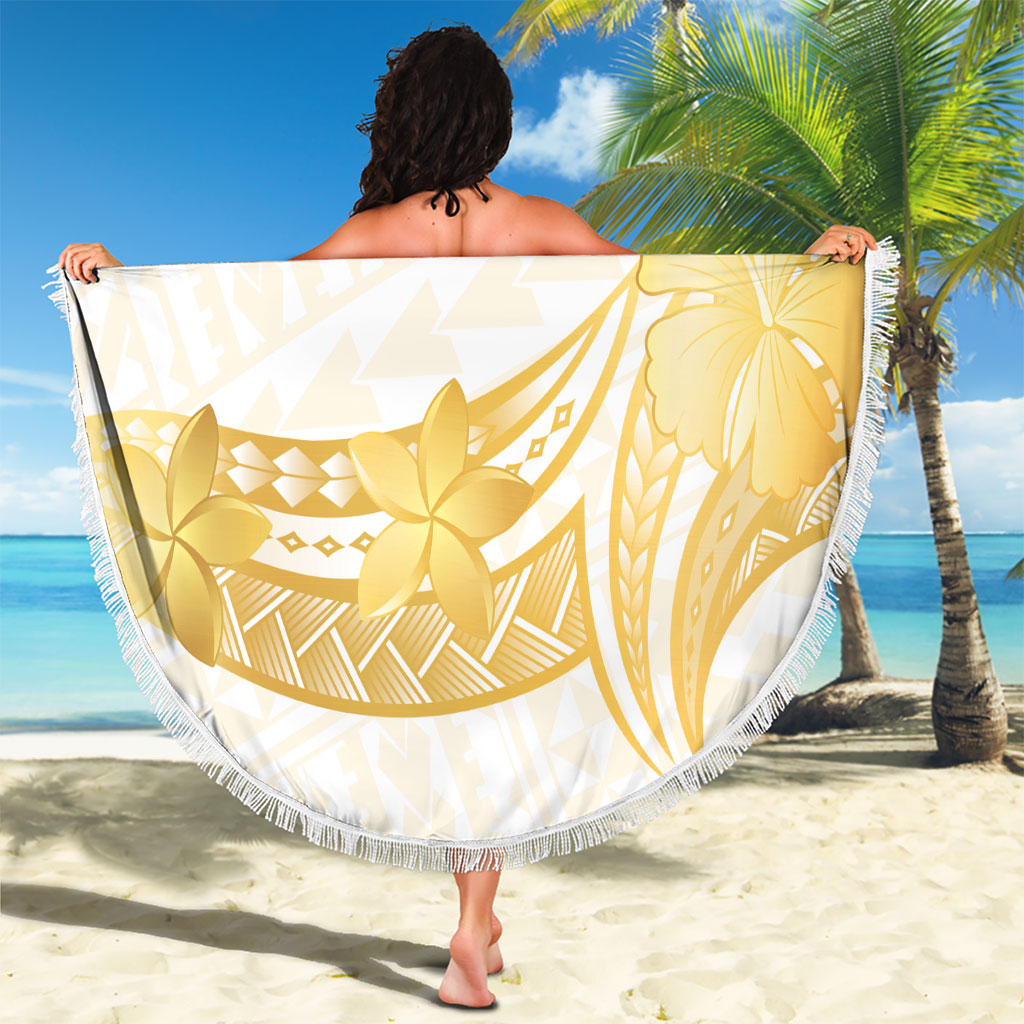 Polynesia White Sunday Beach Blanket Polynesian Tattoo Plumeria Hibiscus Gold