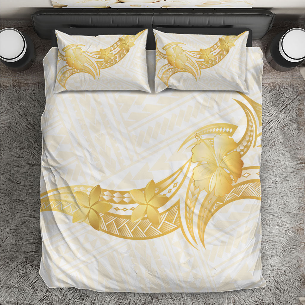 Polynesia White Sunday Bedding Set Polynesian Tattoo Plumeria Hibiscus Gold
