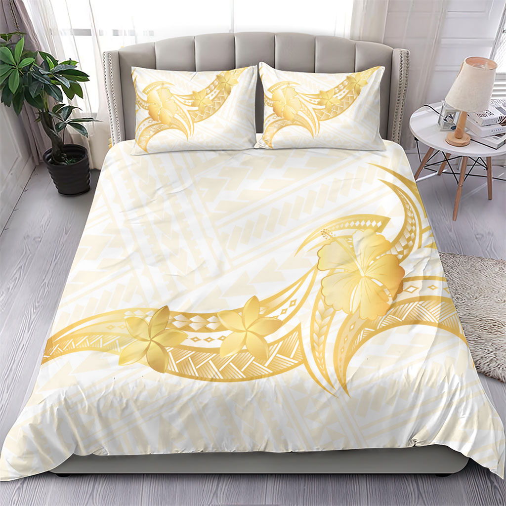 Polynesia White Sunday Bedding Set Polynesian Tattoo Plumeria Hibiscus Gold