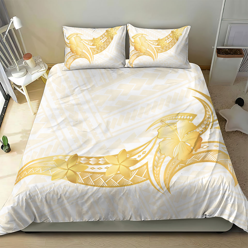 Polynesia White Sunday Bedding Set Polynesian Tattoo Plumeria Hibiscus Gold