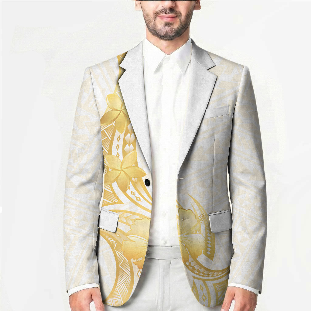 Polynesia White Sunday Blazer Polynesian Tattoo Plumeria Hibiscus Gold