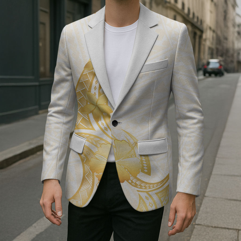 Polynesia White Sunday Blazer Polynesian Tattoo Plumeria Hibiscus Gold
